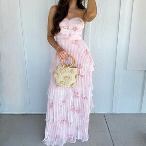 Strapless Tiered Pink Floral Maxi Dress